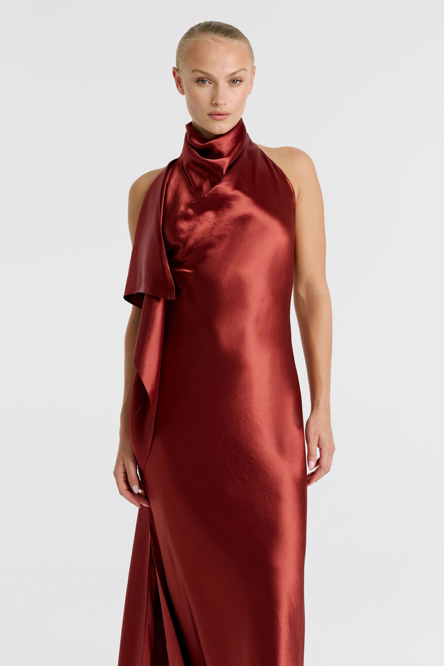 SIERRA DRAPE FRONT MAXI DRESS in colour Rust