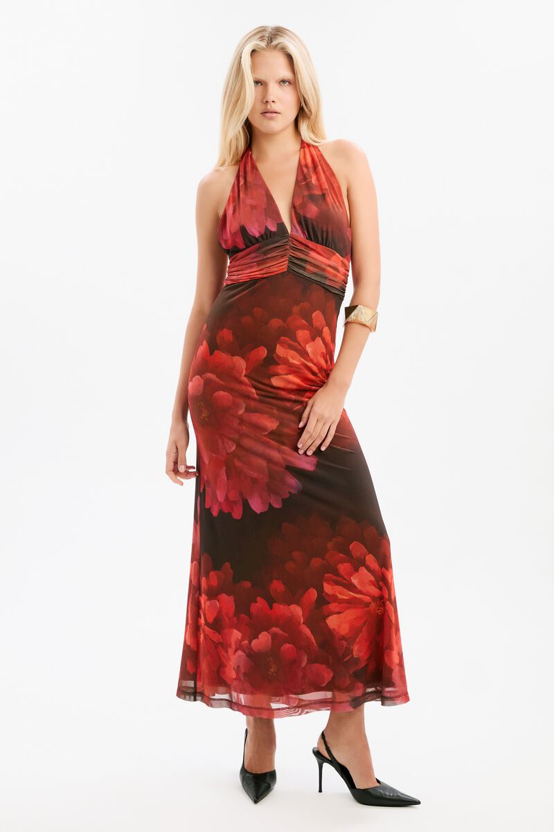 ELERA PRINTED MESH MAXI DRESS in colour Red Ditsy Floral