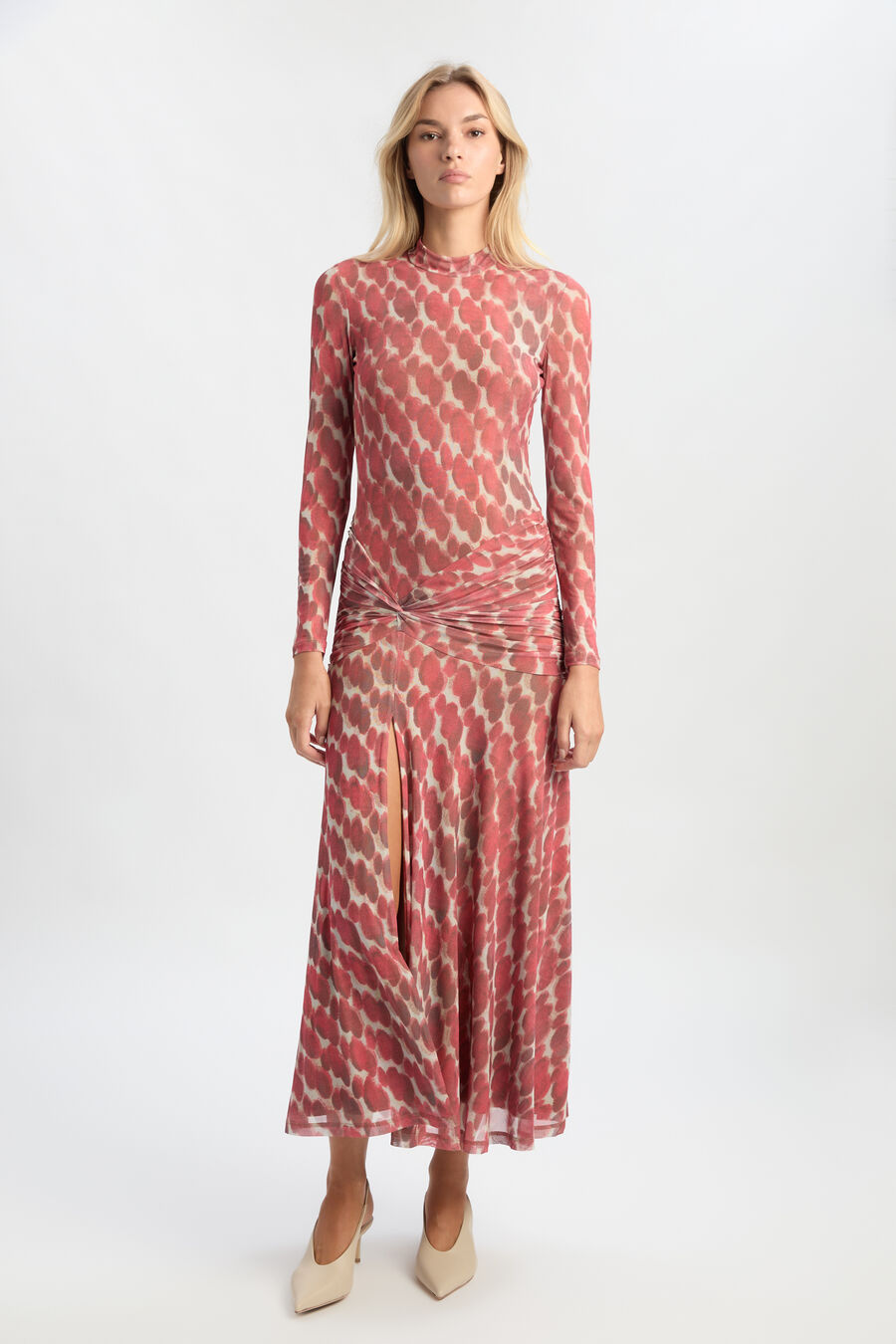 LEA PRINTED MESH DRESS in colour RED SPOT