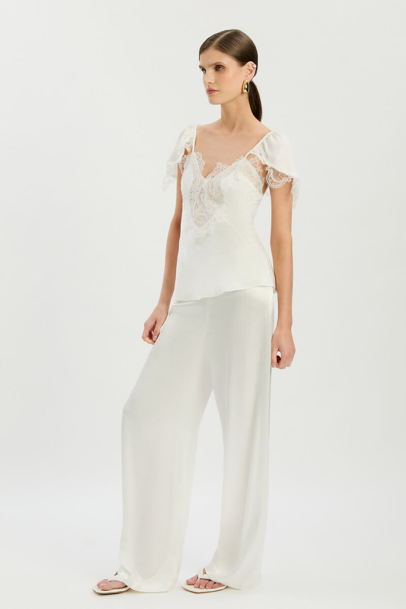 DEVIN MID RISE SATIN PANT in colour Orchid White
