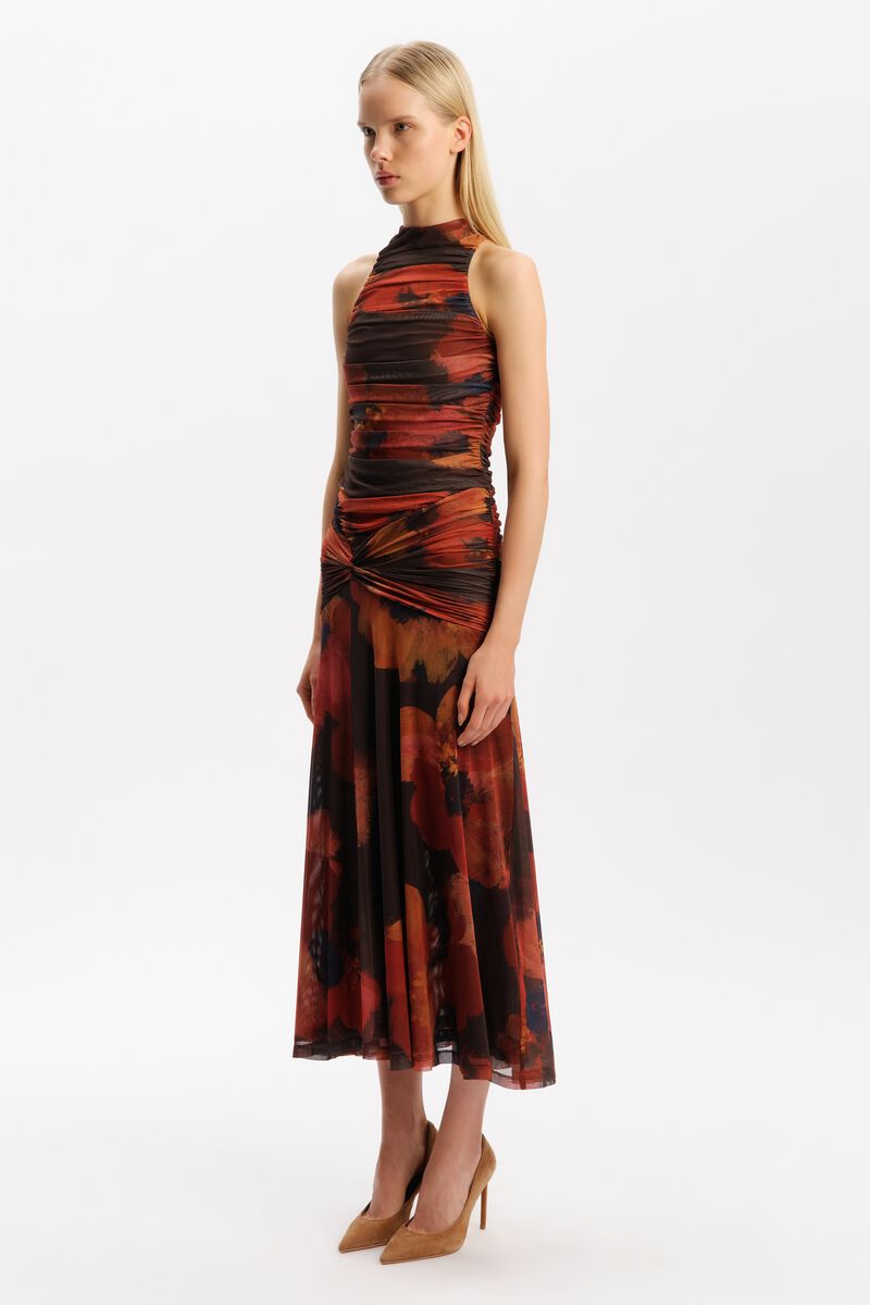 NATALYA MESH MIDI DRESS in colour Earth Red