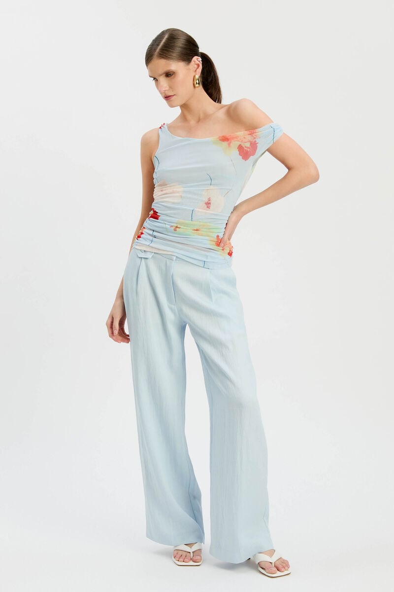 LAYANA PRINTED MESH ASYM TOP in colour Baby Blue Floral