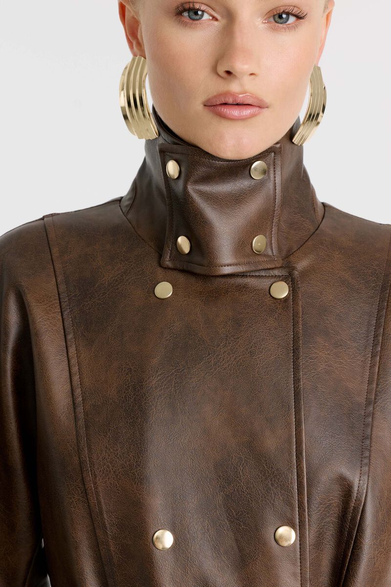 MILANA VEGAN LEATHER TRENCH in colour Dark Chocolate