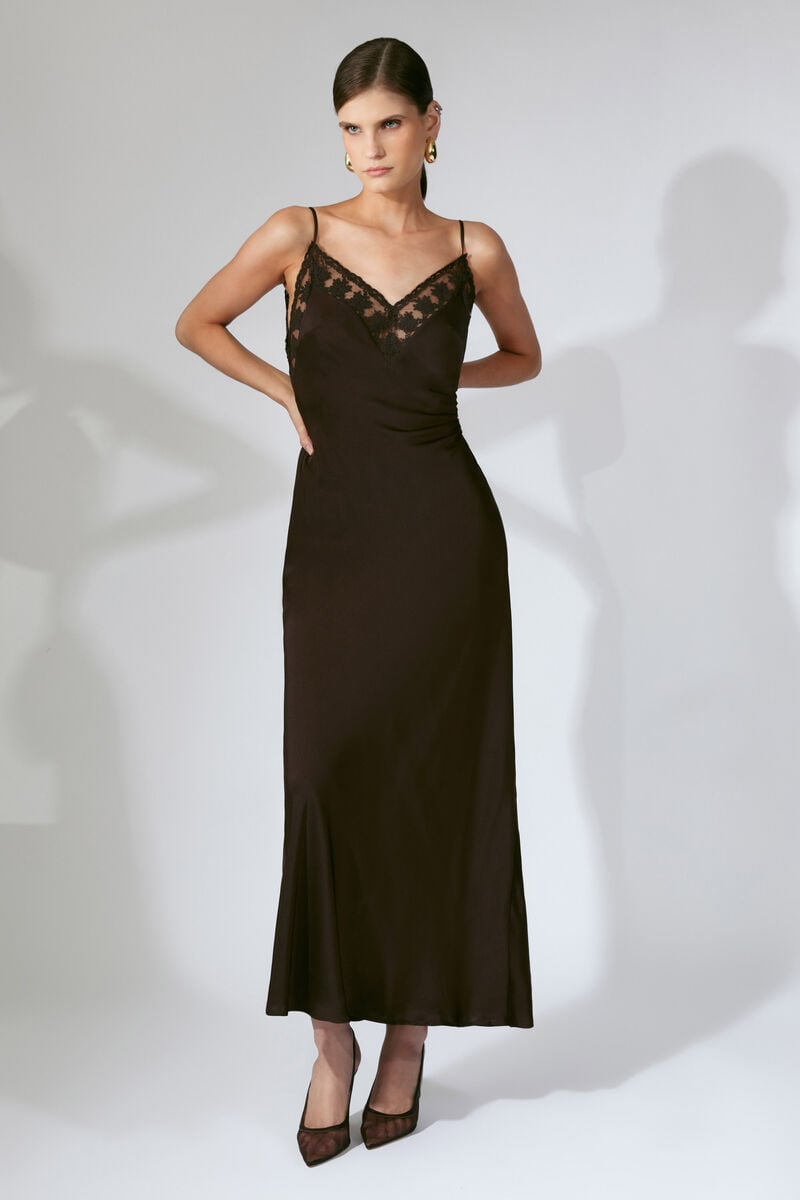 BONITA LACE TRIM MAXI DRESS in colour Dark Chocolate