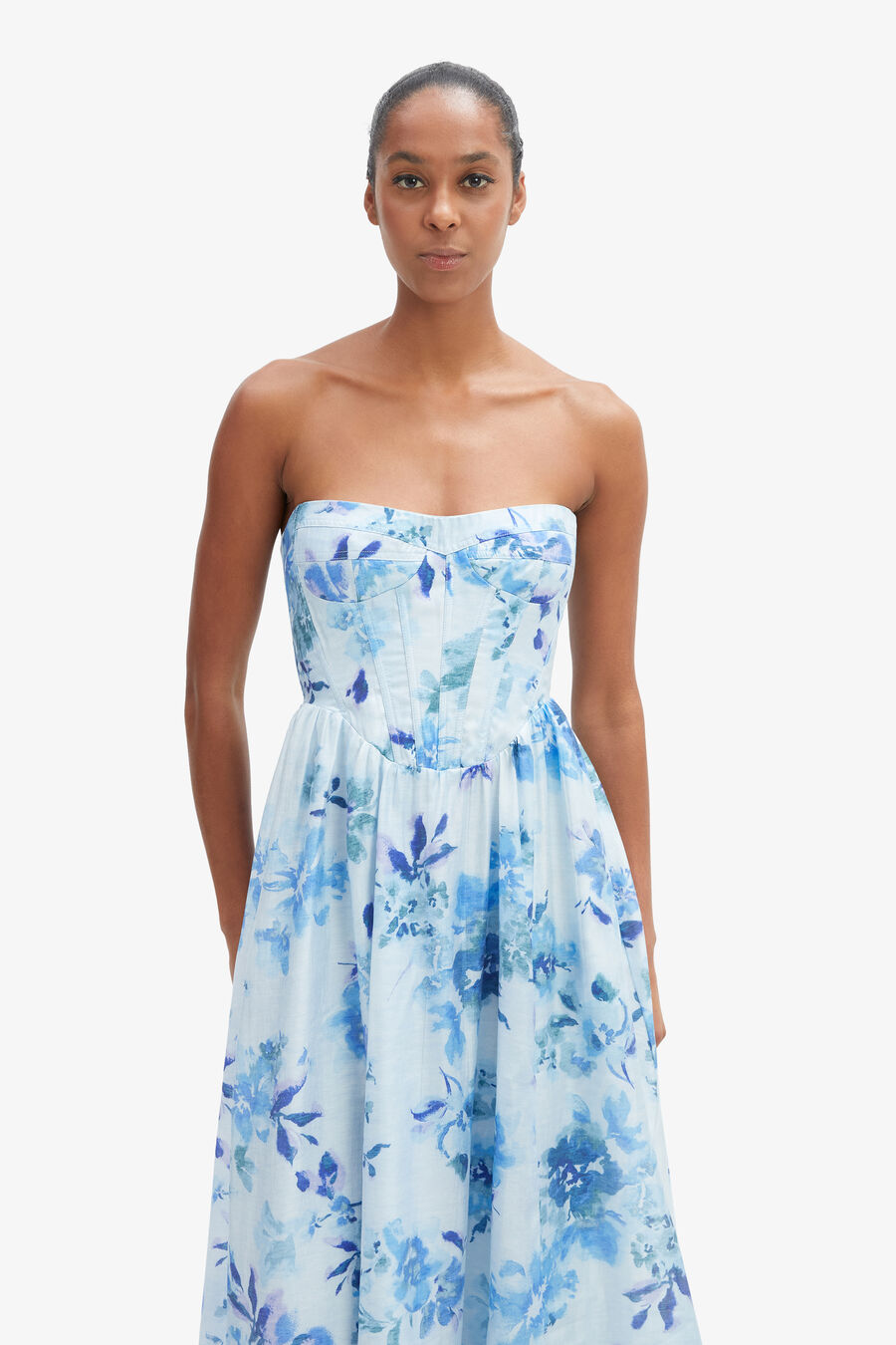 LOLA CORSET MIDI DRESS in colour Baby Blue Floral