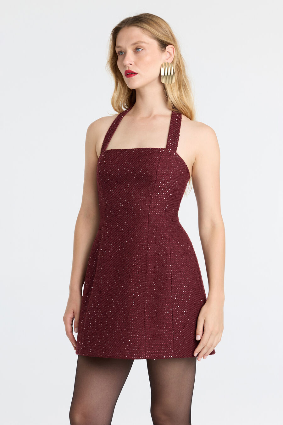 NEVELLE BOUCLE HALTER DRESS in colour Burgundy