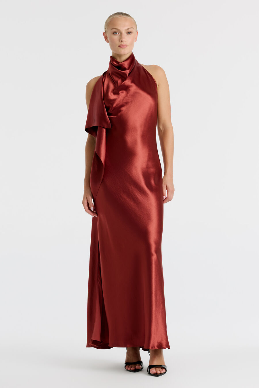 SIERRA DRAPE FRONT MAXI DRESS in colour Rust