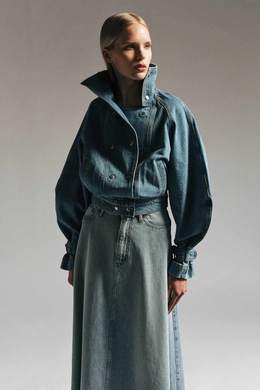 030 DENIM FUNNEL NECK JACKET in colour Mid Blue