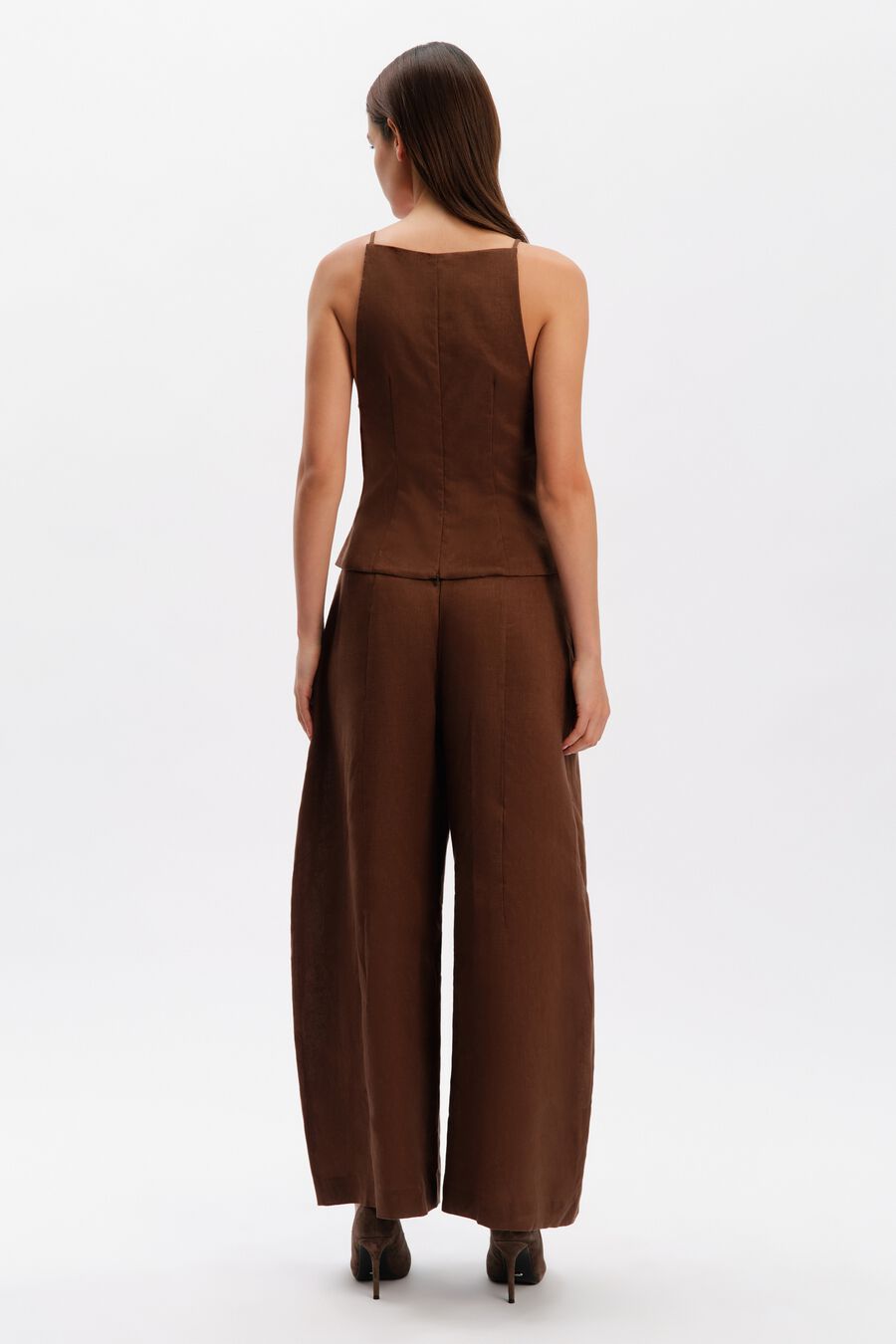 ARELIA HIGH NECK LINEN TOP in colour CHOCOLATE