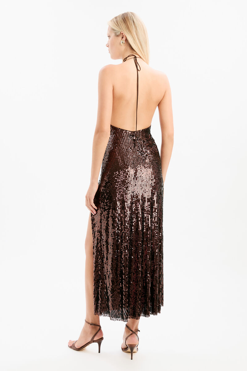 SANTINA HALTER MIDI DRESS in colour Chocolate