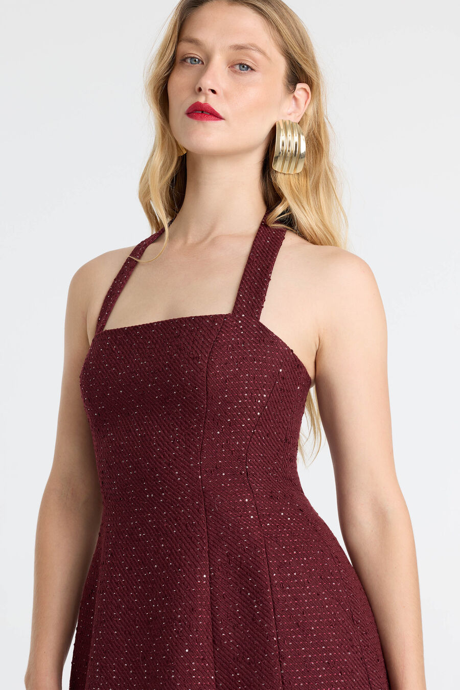 NEVELLE BOUCLE HALTER DRESS in colour Burgundy
