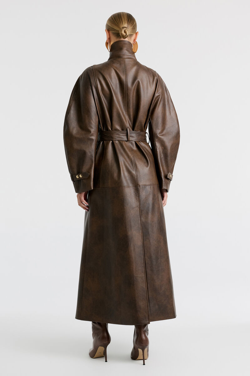 MILANA VEGAN LEATHER TRENCH in colour Dark Chocolate