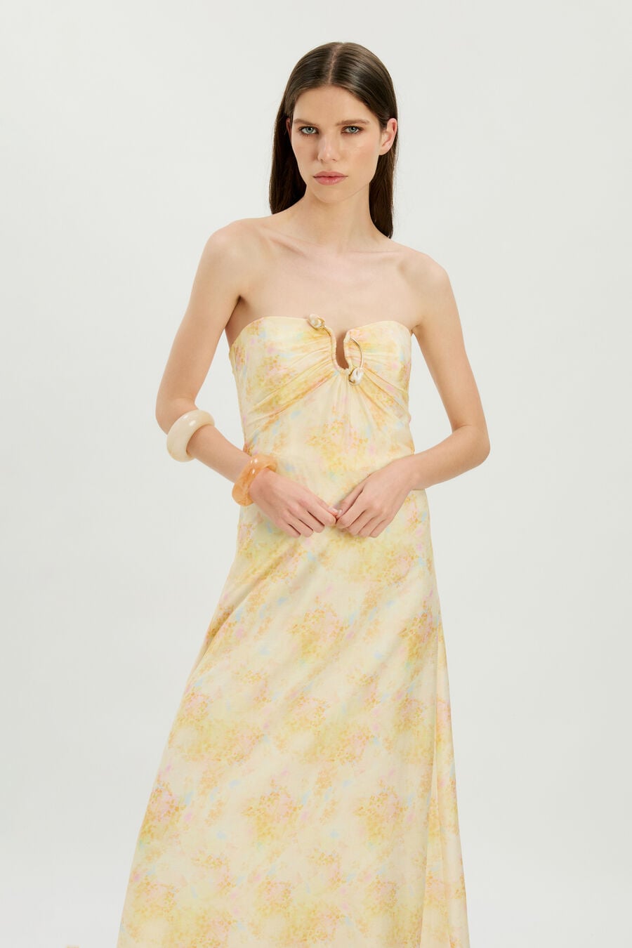AMINA STRAPLESS MAXI DRESS in colour Yellow Floral