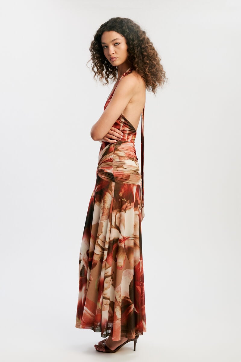 SARIBA HALTER MESH MIDI DRESS in colour Burnt Orange