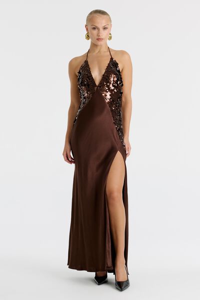 Yve Sequin Satin Halter Dress
