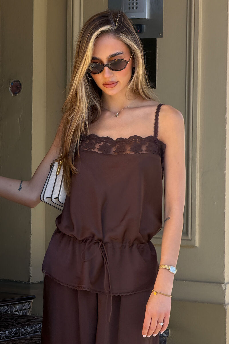 BONITA SATIN LACE TRIM TOP in colour Dark Chocolate