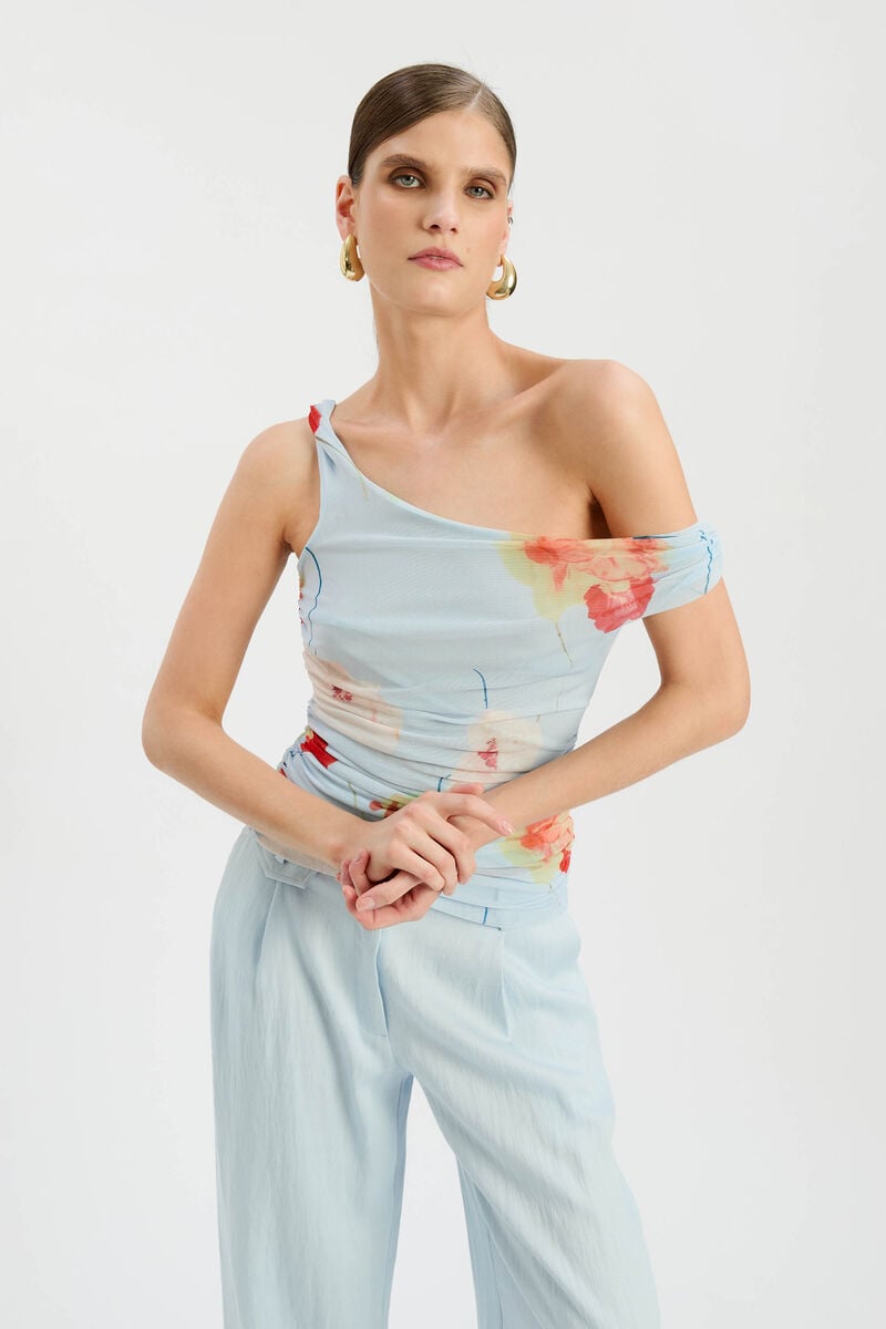 LAYANA PRINTED MESH ASYM TOP in colour Baby Blue Floral