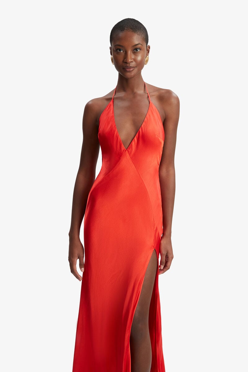 YVE HALTER DRESS in colour Fire Red