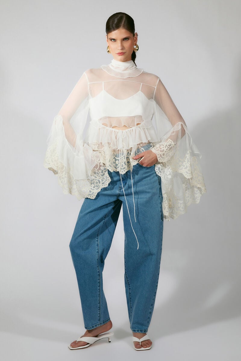 ANYSSA LACE EDGE RUFFLE BLOUSE in colour Ivory