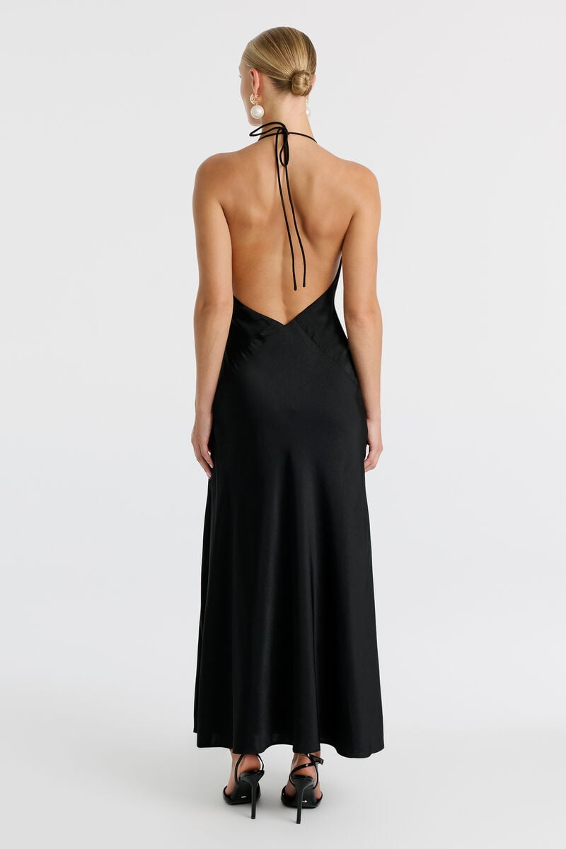 LAVINA BOW HALTER DRESS in colour Black