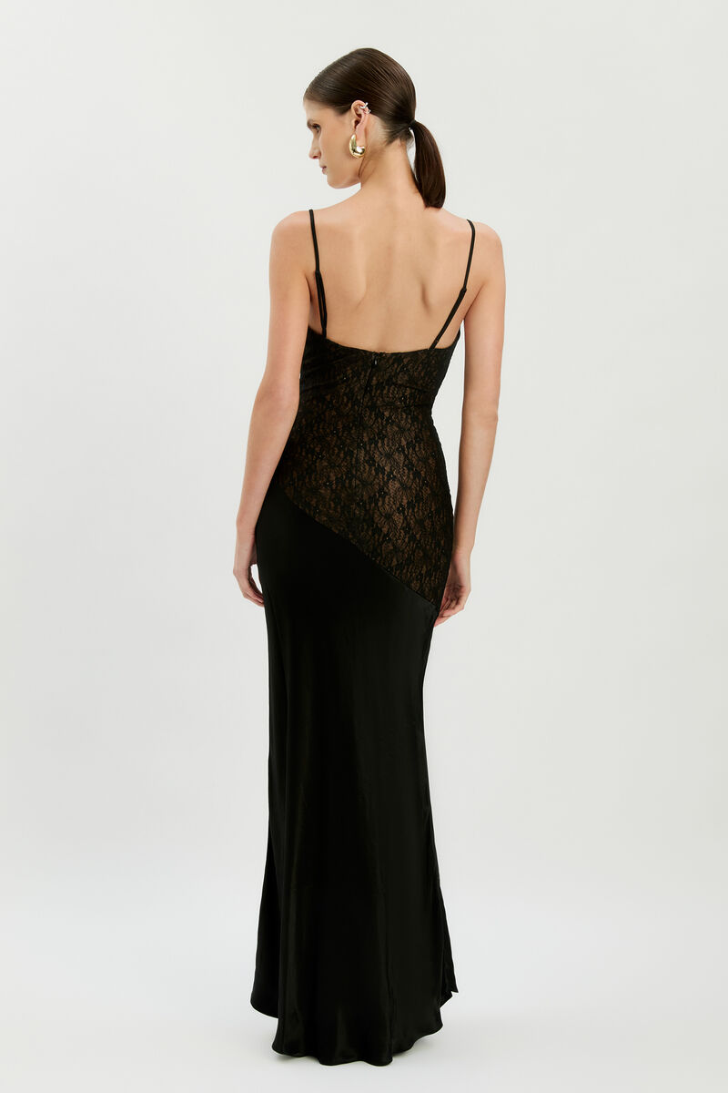 ARALIA LACE SATIN MAXI DRESS in colour Black