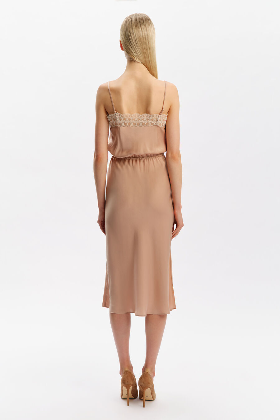 OLINA LACE SATIN MIDI DRESS in colour Soft Camel